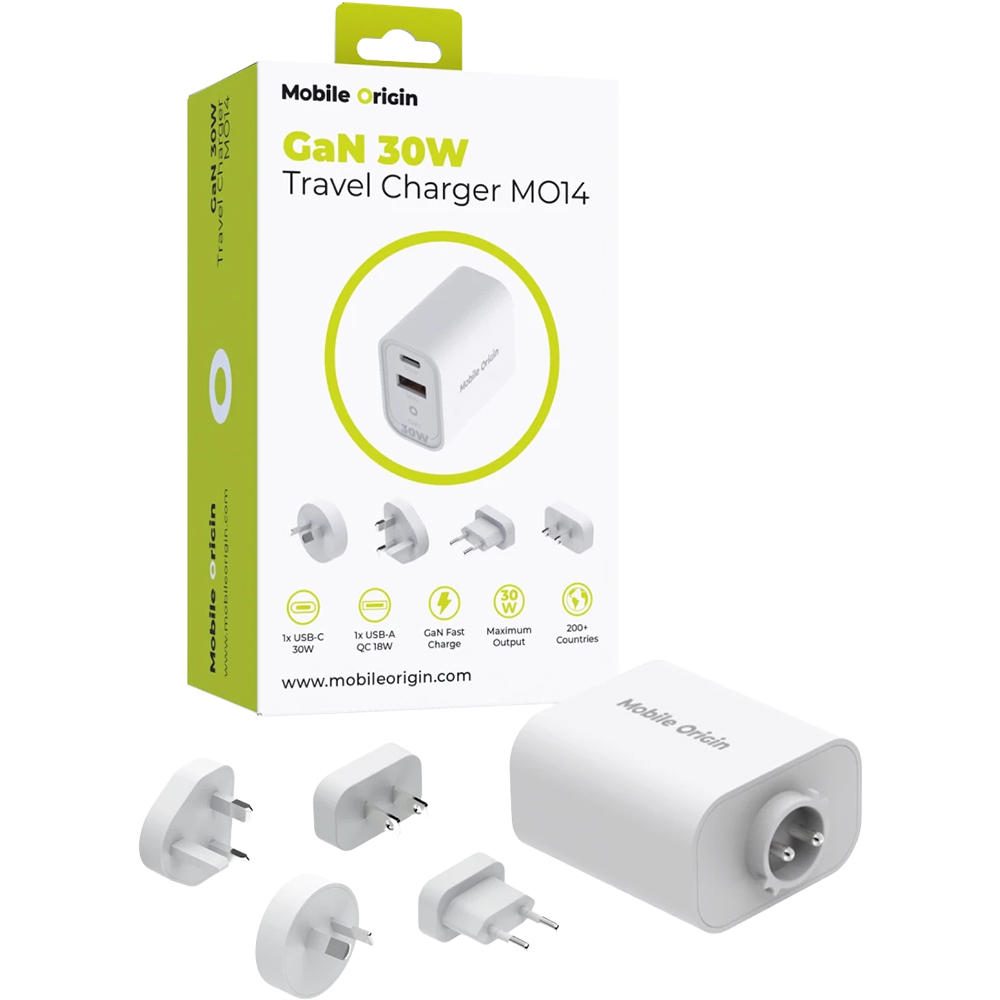 Mobile Origin Travel Charger MO14, szybkie ładowanie, kompaktowy design, kompatybilność, bezpieczeństwo, białe