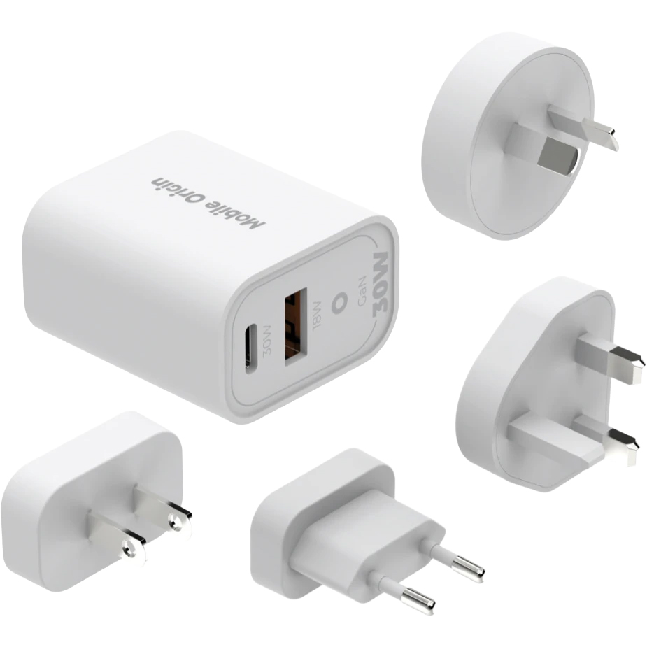 Mobile Origin Travel Charger MO14, uniwersalne końcówki, łatwa obsługa, dwa porty USB, szybkie podłączenie, białe