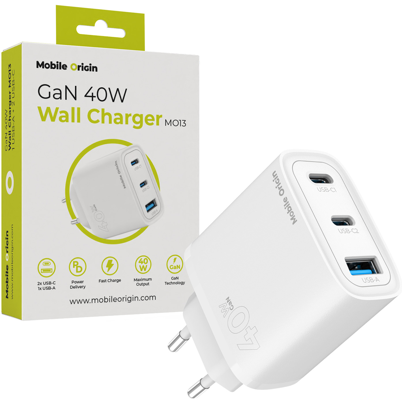 Ładowarka sieciowa GaN Mobile Origin Wall Charger MO13 40W, 1x USB-A / 2x USB-C, biała