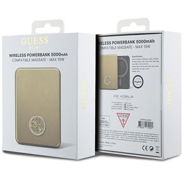 Guess Powerbank 15W 5000mAh MagSafe 4G Strassed Metal Logo + kabel, złote