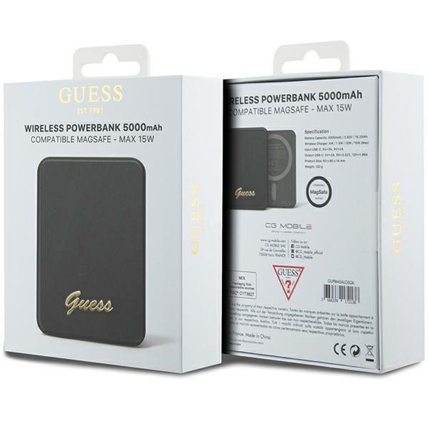  Guess Powerbank 15W 5000mAh MagSafe 4G Strassed  Metal Script Logo + kabel, czarny