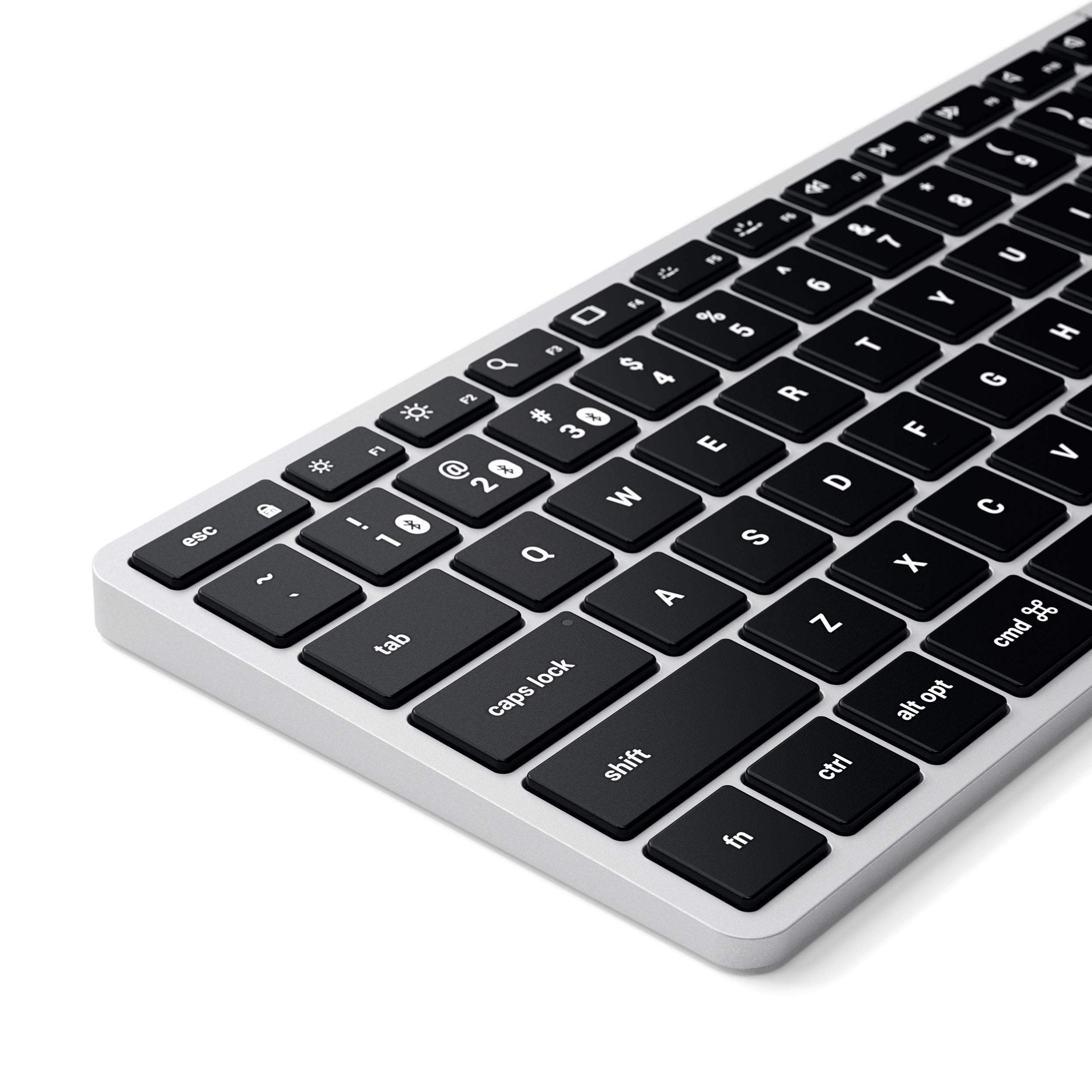 Klawiatura membranowa, bluetooth, USB-C, aluminiowa, srebrna, do trzech urządzeń, płaska, markowa, premium, cicha, wygodna, qwerty, z podświetleniem, niski profil klawiszy, bezprzewodowa, antypoślizgowa, do macbooka, niezawodna
