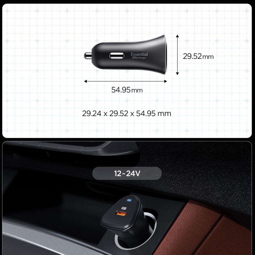 Ładowarka samochodowa Spigen Essential EV301 30W PD PPS USB-C, czarna