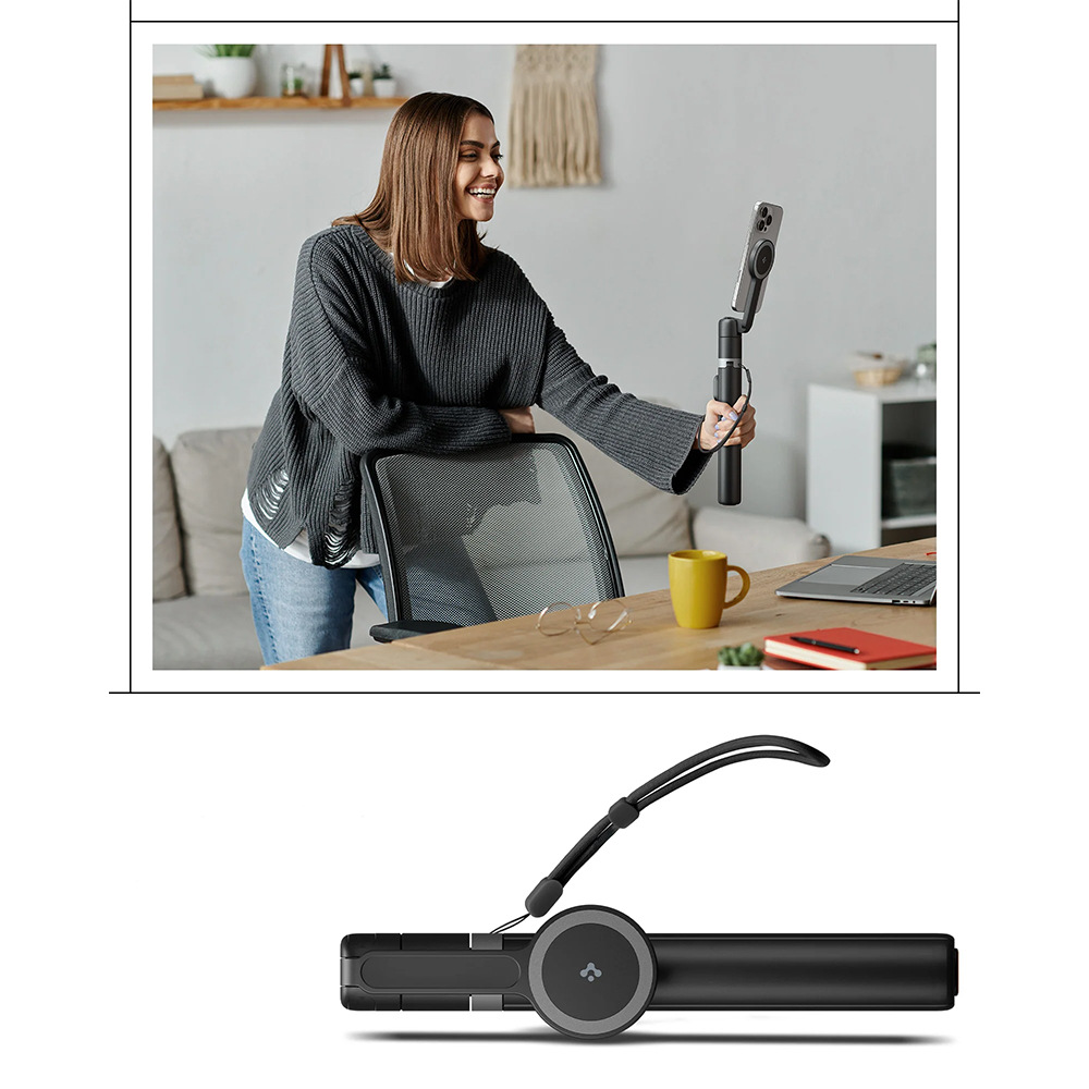 Spigen Selfie Stick Tripod, składany tripod bluetooth, lekki, kompaktowy, solidny, czarny