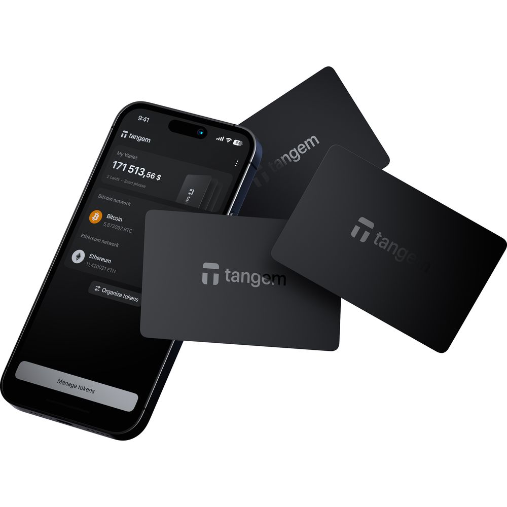 Portfel sprzętowy do kryptowalut Tangem Wallet, zestaw kart NFC, 3 sztuki, czarny. Kompatybilność z systememami Android 7.0, iOS 15 lub nowszymi.