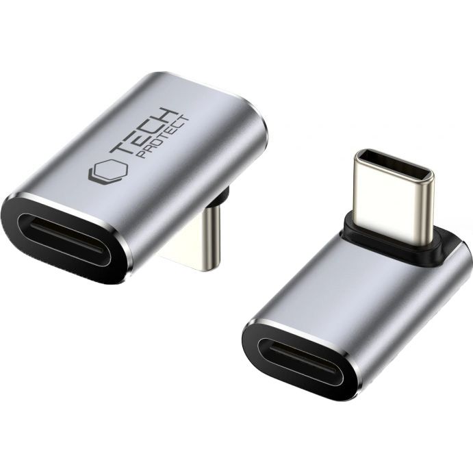 Adapter kątowy USB-C do USB-C, Tech-Protect UltraBoost AA02, 100W, 40Gb/s, szary. Adapter USB-C z obsługą USB4, szybki transfer do 40Gbps, aluminiowa obudowa, kompaktowa konstrukcja.