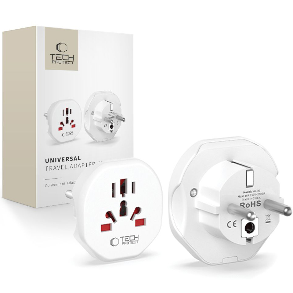 Adapter / przejściówka Tech-Protect Universal Travel Adapter, uniwersalna na EU, biała