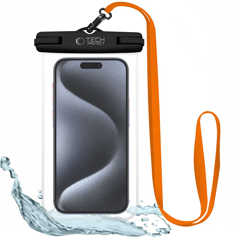 Etui wodoszczelne marki Tech-Protect z serii Universal Waterproof dla urządzeń mobilnych do 6,9" + smycz, czarno-pomarańczowe