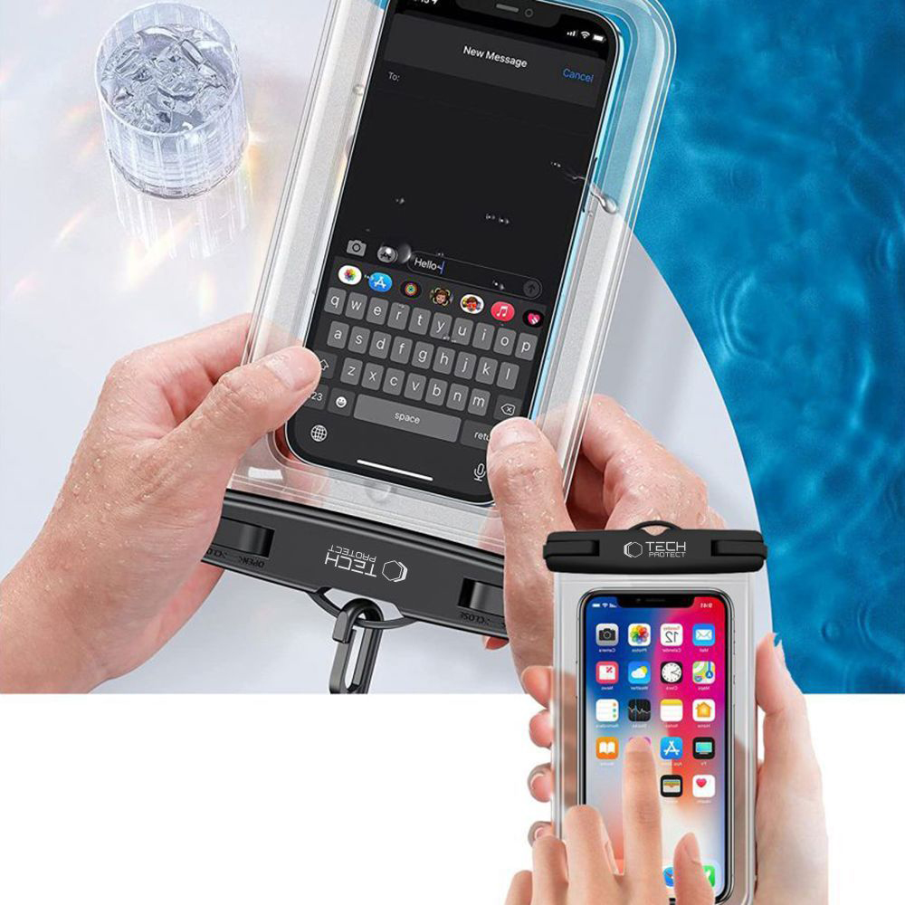 Etui wodoszczelne marki Tech-Protect z serii Universal Waterproof dla urządzeń mobilnych do 6,9" + smycz, czarno-pomarańczowe