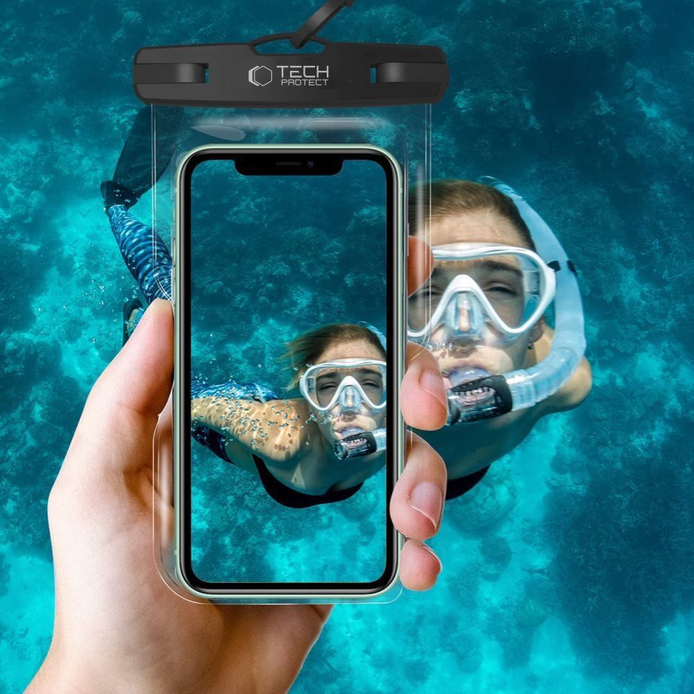 Etui wodoszczelne marki Tech-Protect z serii Universal Waterproof dla urządzeń mobilnych do 6,9" + smycz, czarno-pomarańczowe