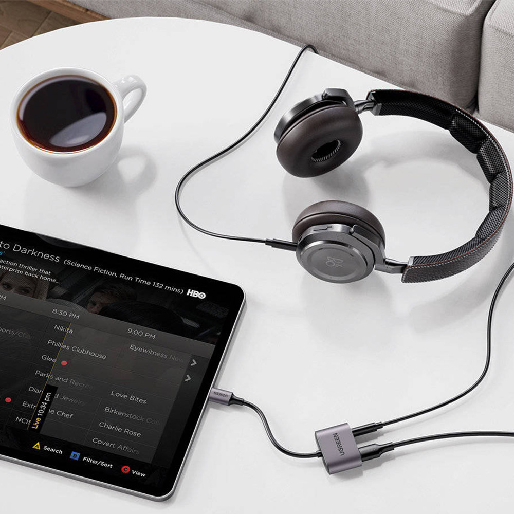 Adapter, przejściówka USB-C - USB-C / Minijack 3.5mm, Ugreen CM231, DAC, PD, QC 30W, szary
