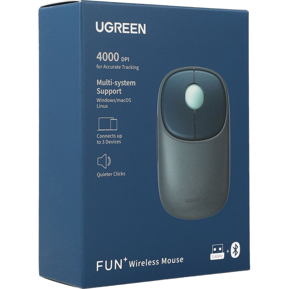 Bezprzewodowa mysz optyczna, Ugreen MU102 FUN+ Wireless Mouse, USB 2.4GHz, Bluetooth, niebiesko-szara. Łączność 2.4GHz i Bluetooth, prosty montaż, wygoda pracy.