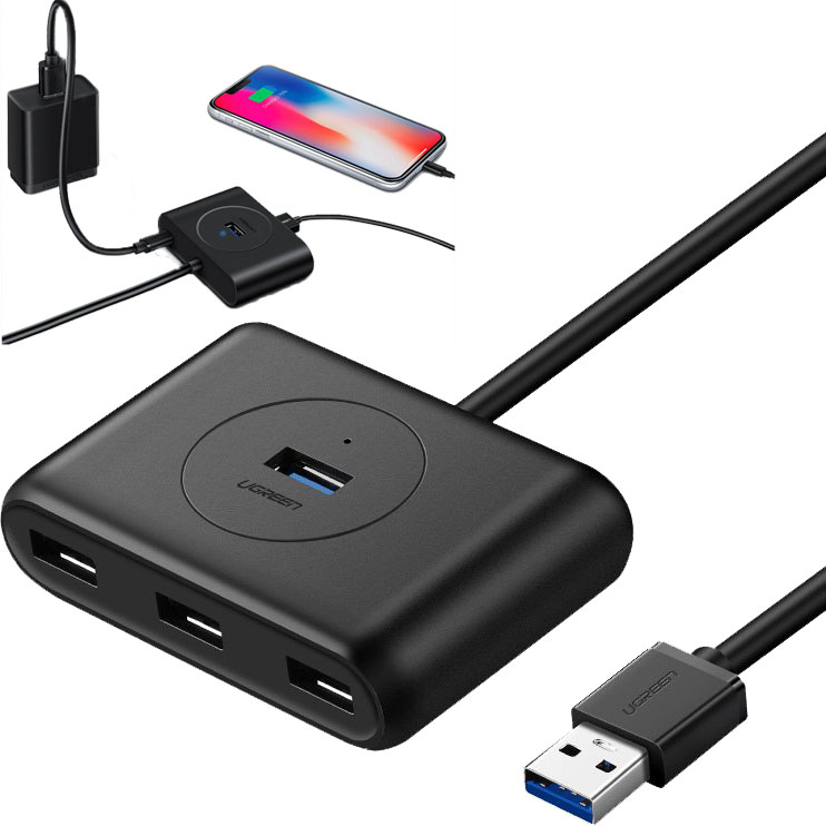 HUB Ugreen rozdzielacz do komputera / smartfona z portem USB-A - 4x USB 3.0 z kablem USB-A 0,5 metra, czarny. 