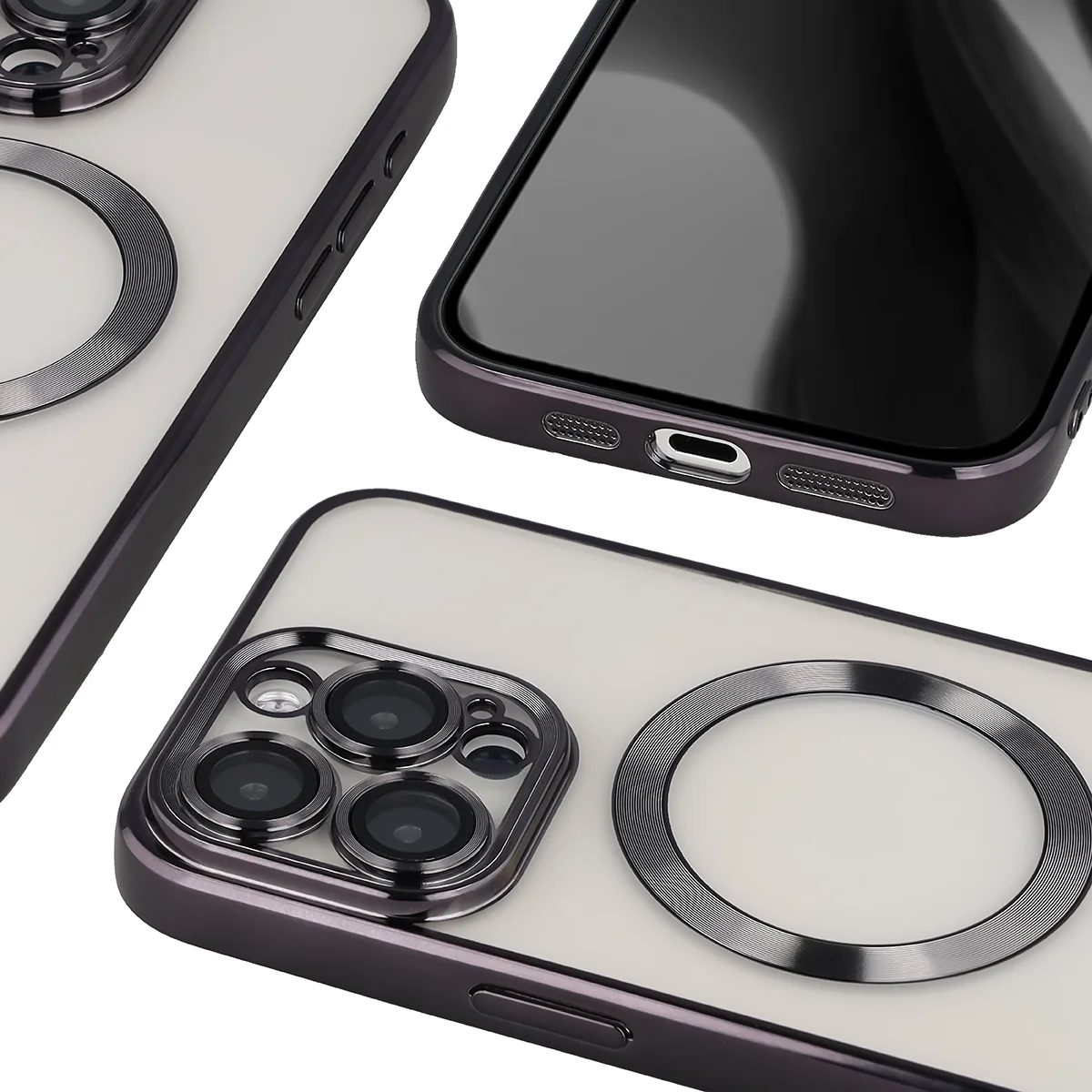 Metaliczna ramka, podniesione krawędzie i zintegrowane osłony w etui Bizon Case GuardO do Apple iPhone 15 Pro Max