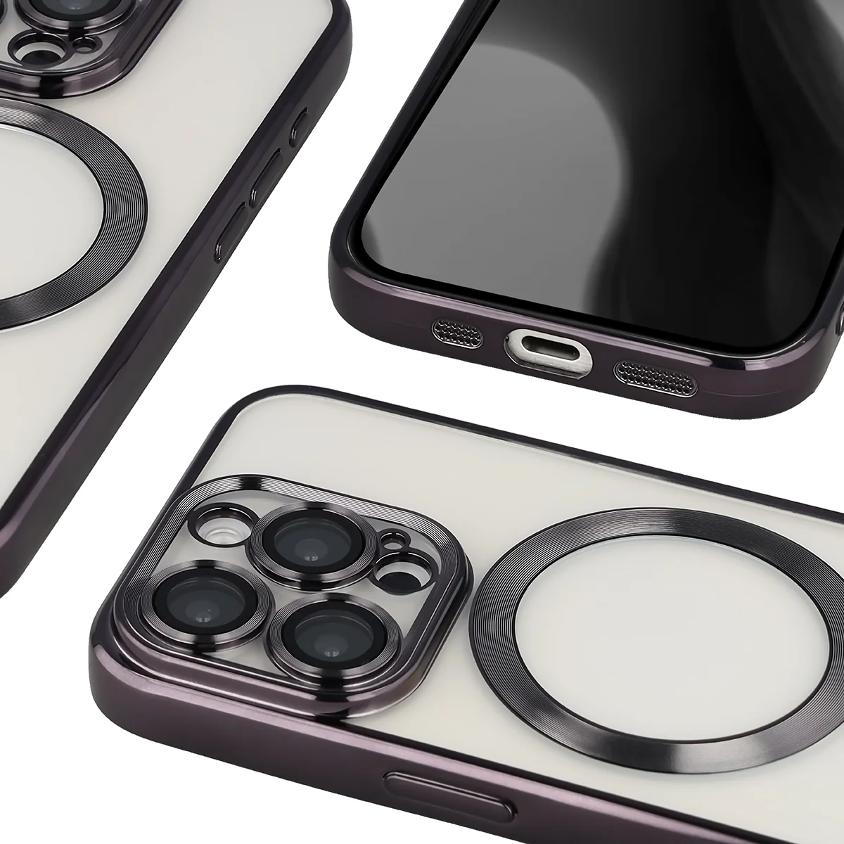 Metaliczna ramka, podniesione krawędzie i zintegrowane osłony w etui Bizon Case GuardO do Apple iPhone 15 Pro