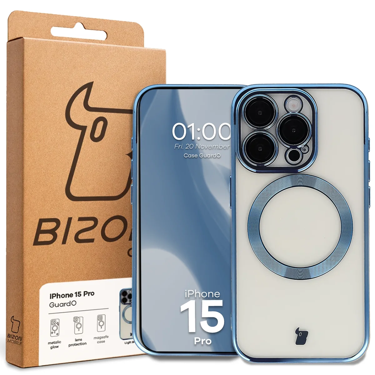 Przód pudełka Bizon Case z dedykowaną etykietą do Apple iPhone 15 Pro
