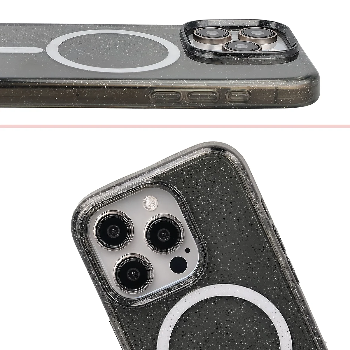 Podwyższone krawędzie aparatu i duże wycięcie w etui Bizon Case SparklO do Apple iPhone 15 Pro