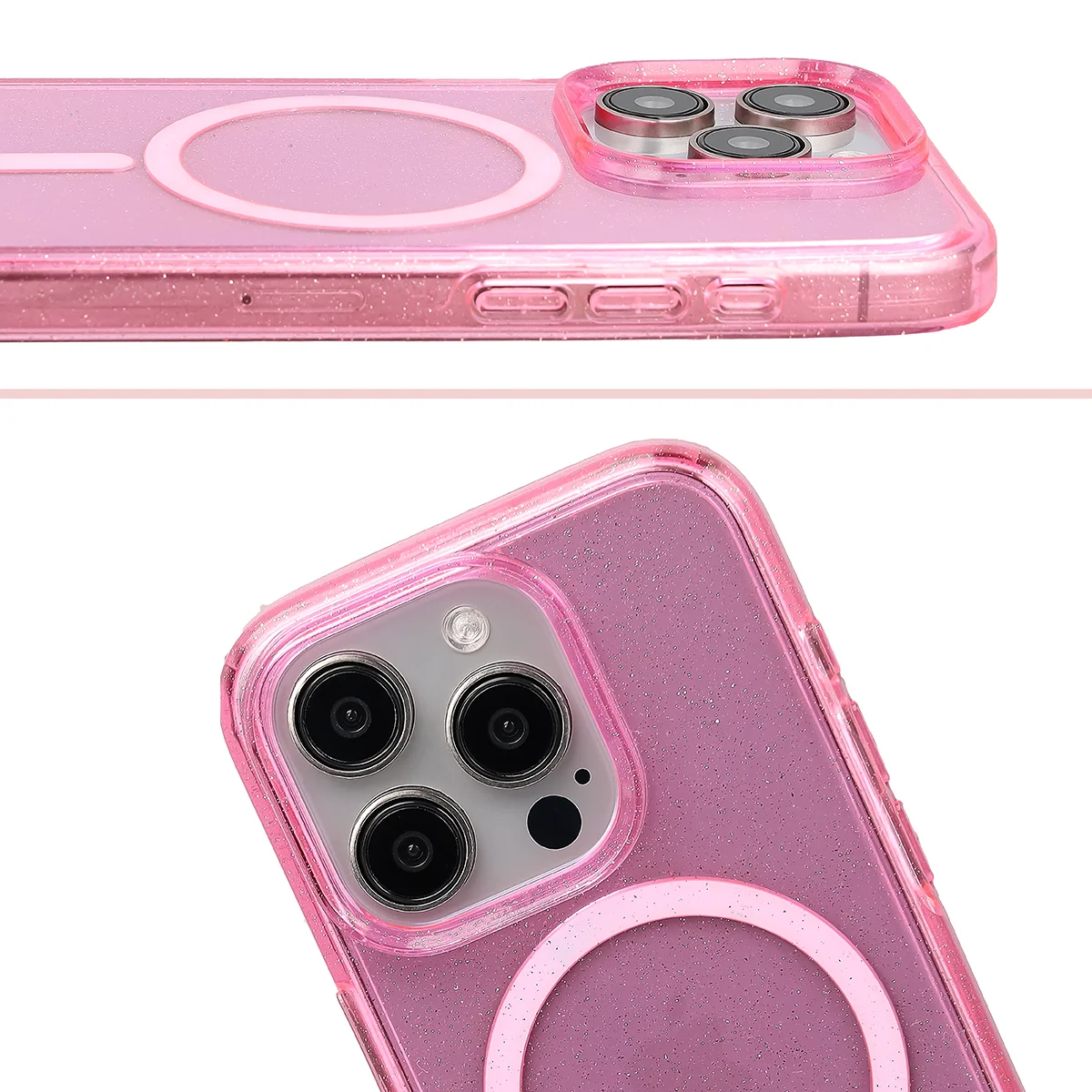 Podwyższone krawędzie aparatu i duże wycięcie w etui Bizon Case SparklO do Apple iPhone 15 Pro