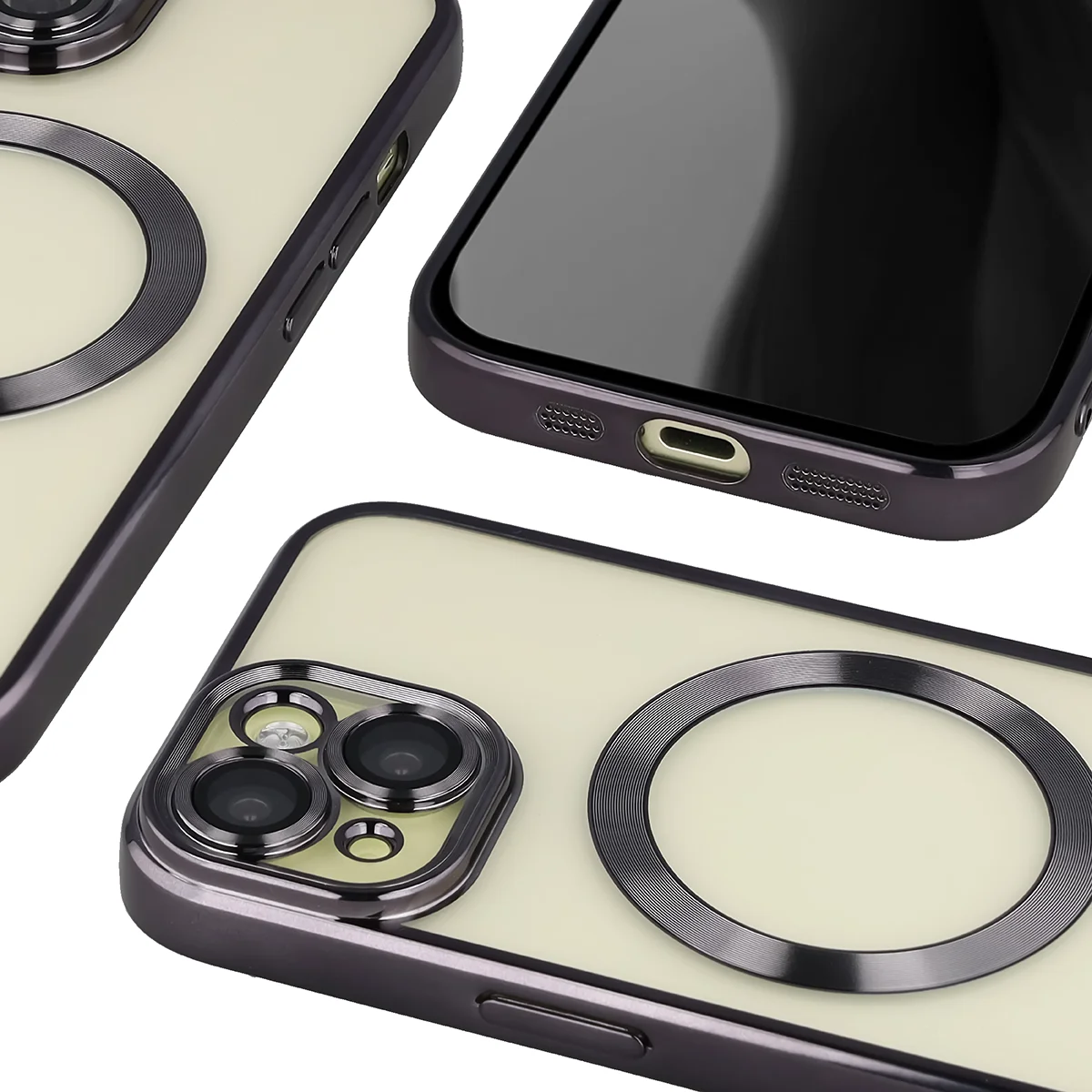 Metaliczna ramka, podniesione krawędzie i zintegrowane osłony w etui Bizon Case GuardO do Apple iPhone 15
