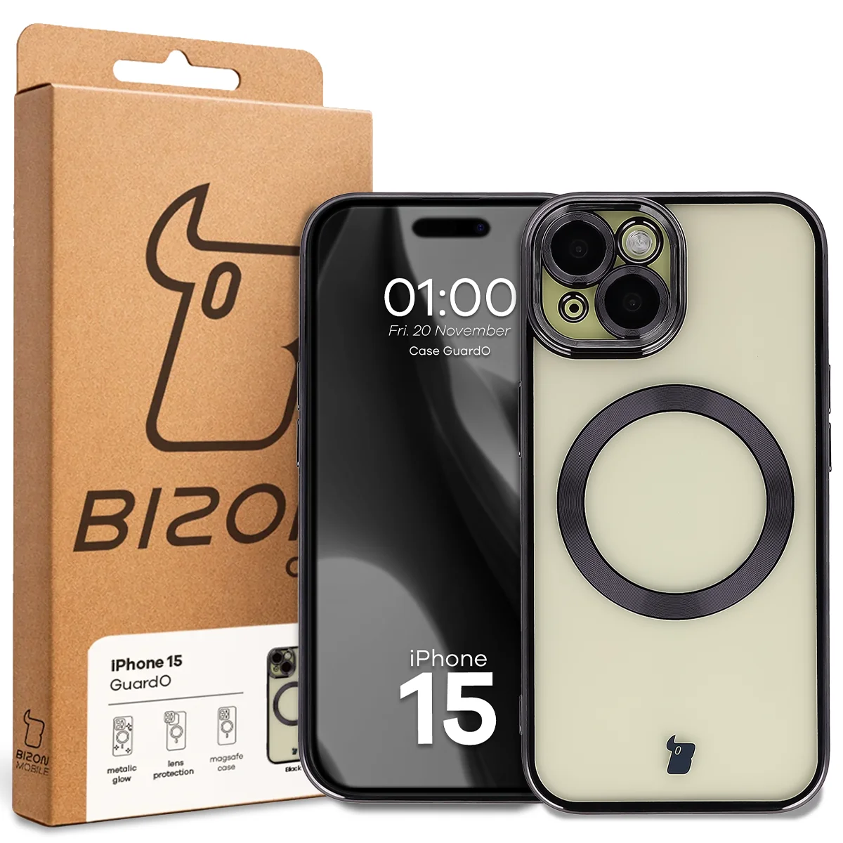 Przód pudełka Bizon Case z dedykowaną etykietą do Apple iPhone 15