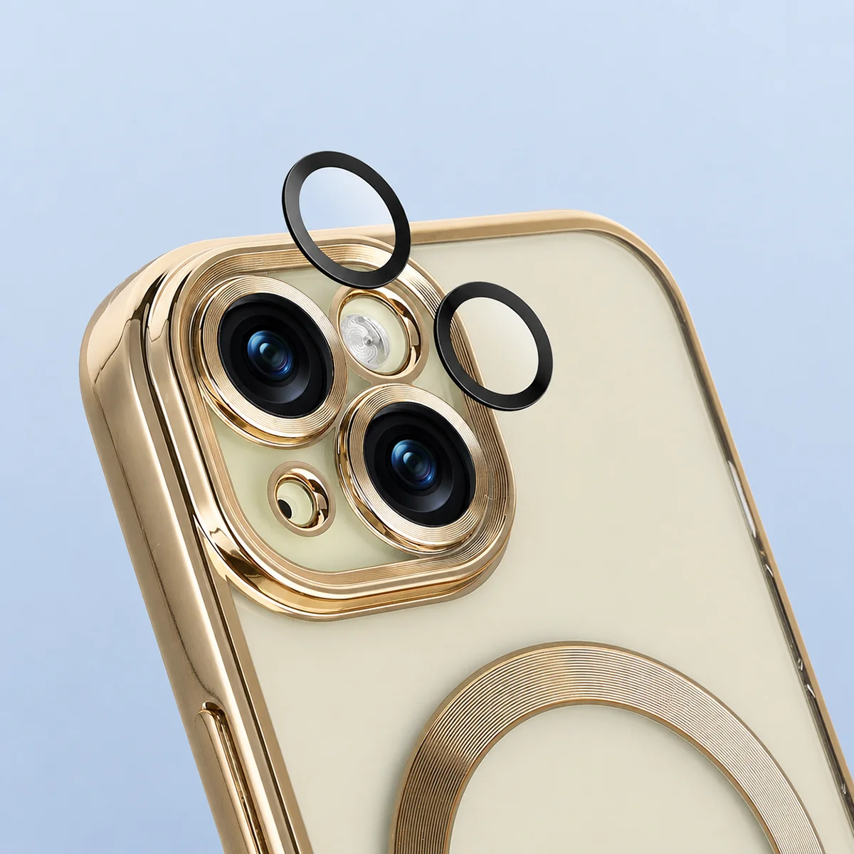 Zbliżenie na wbudowaną ochronę aparatu w Bizon Case GuardO do Apple iPhone 15