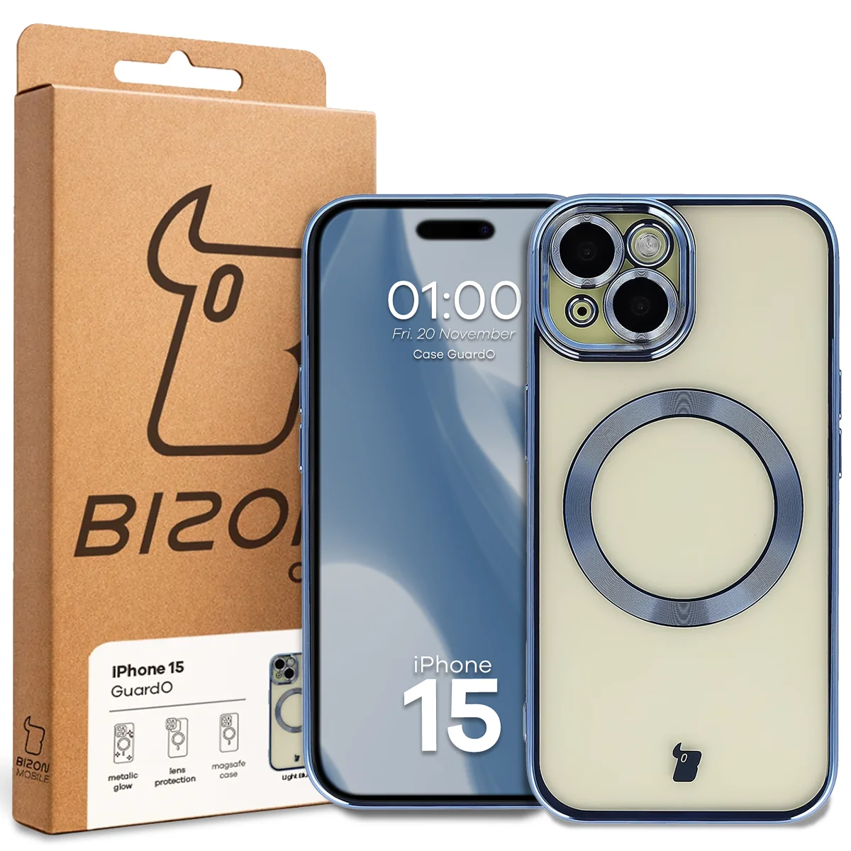 Przód pudełka Bizon Case z dedykowaną etykietą do Apple iPhone 15