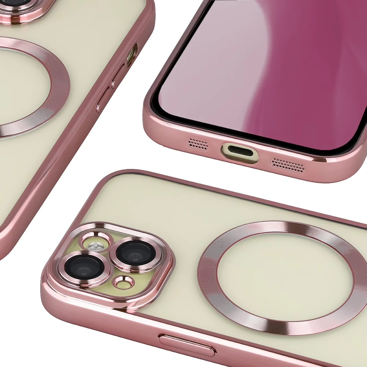 Metaliczna ramka, podniesione krawędzie i zintegrowane osłony w etui Bizon Case GuardO do Apple iPhone 15