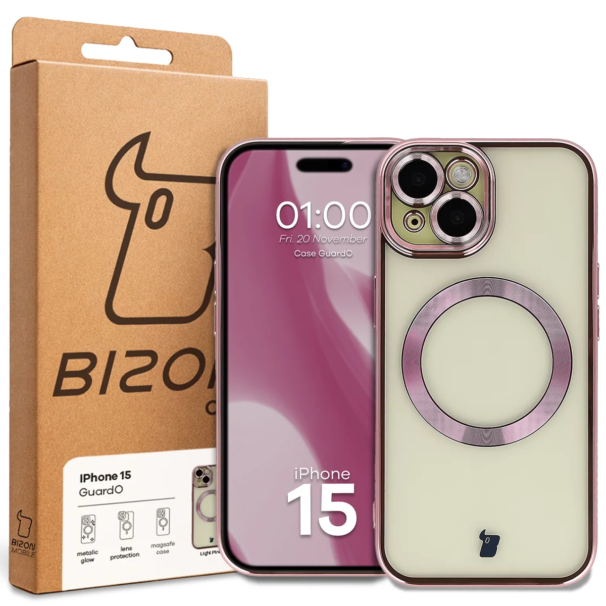 Przód pudełka Bizon Case z dedykowaną etykietą do Apple iPhone 15