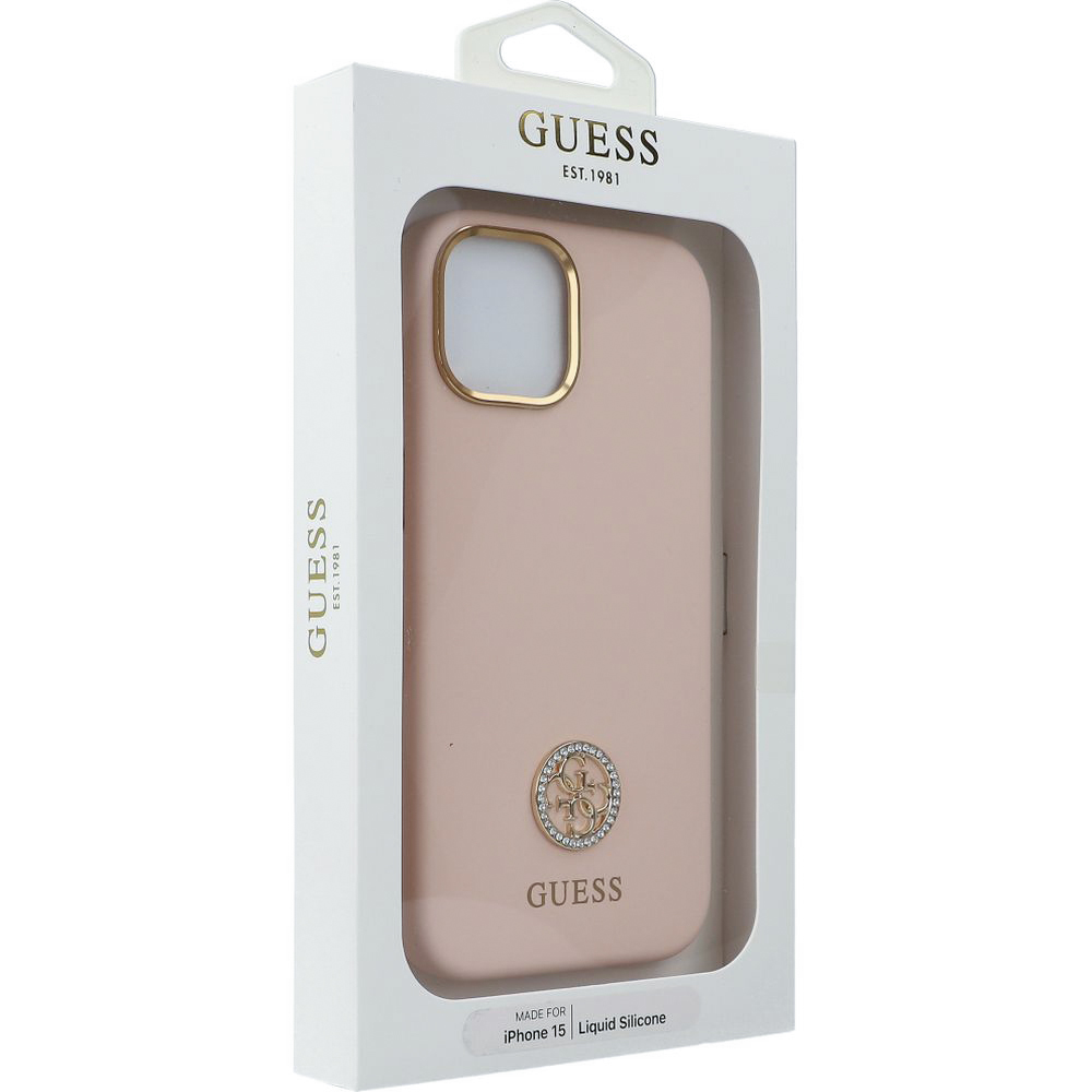Etui Guess Silicone Logo Strass 4G do iPhone 15, pudrowe różowe