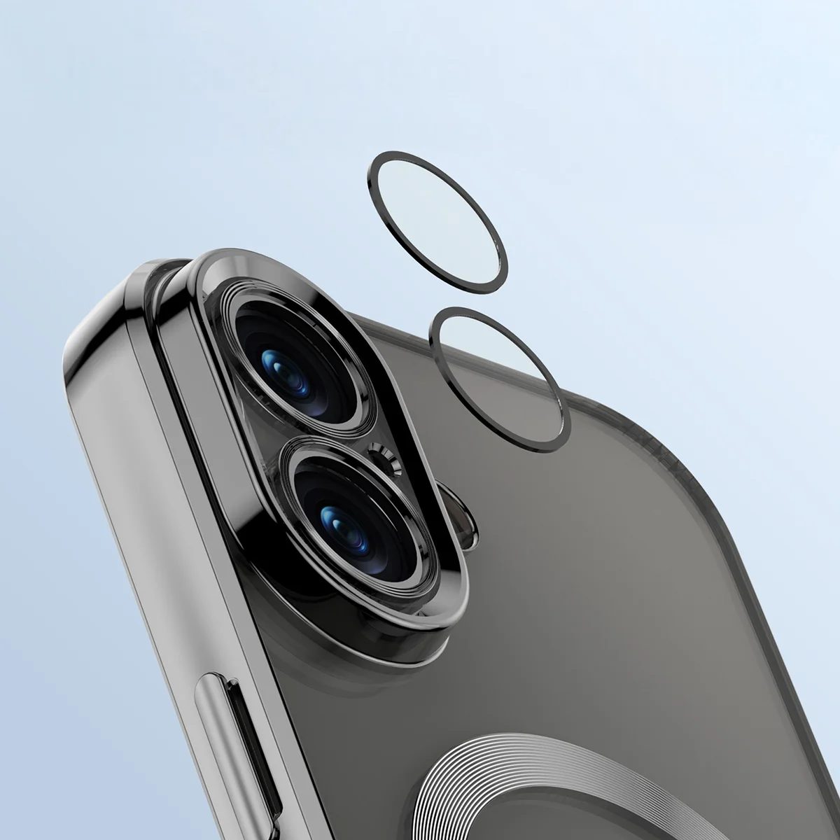 Zbliżenie na wbudowaną ochronę aparatu w Bizon Case GuardO do Apple iPhone 16 Plus