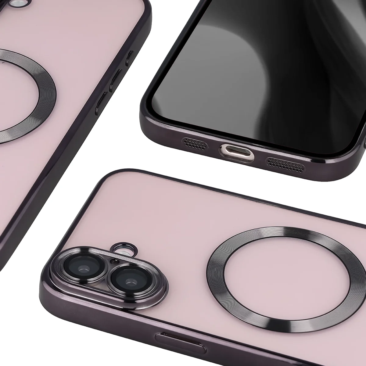 Metaliczna ramka, podniesione krawędzie i zintegrowane osłony w etui Bizon Case GuardO do Apple iPhone 16 Plus