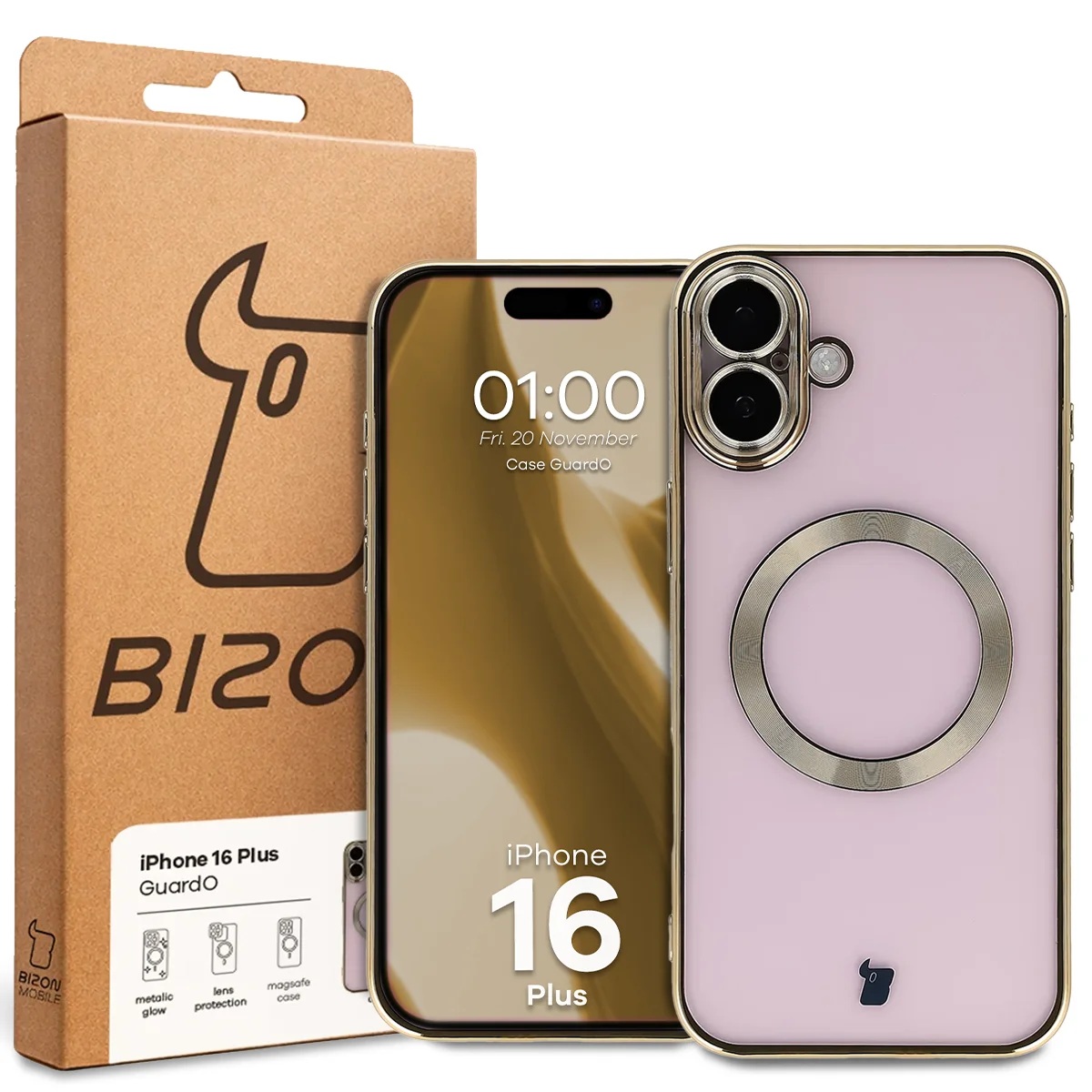 Przód pudełka Bizon Case z dedykowaną etykietą do Apple iPhone 16 Plus