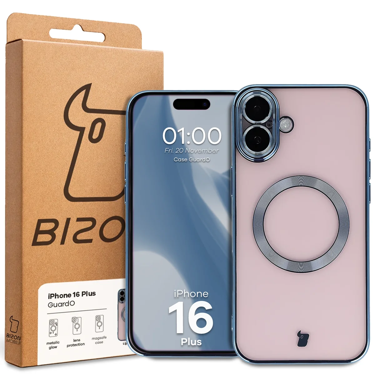 Przód pudełka Bizon Case z dedykowaną etykietą do Apple iPhone 16 Plus