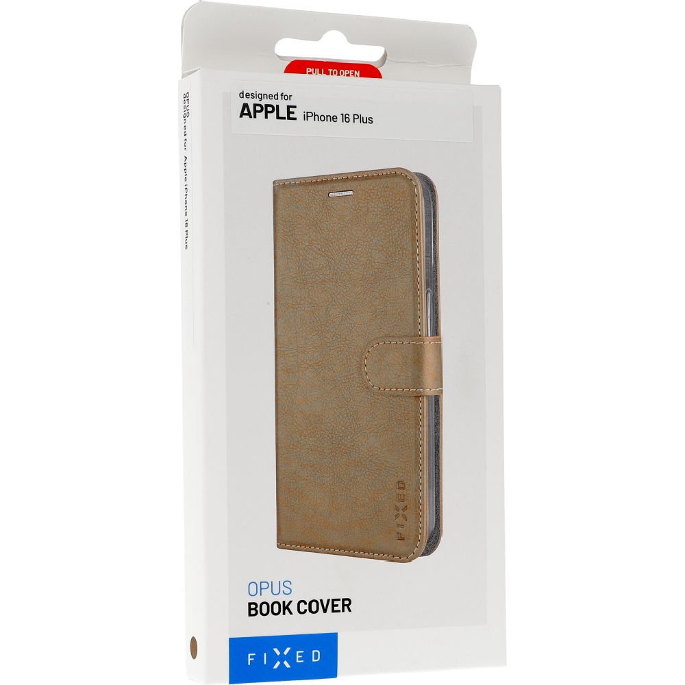 Etui z klapką, zamykane Fixed Opus do Apple iPhone 16 Plus, brązowe. Wykonane ze skóry ekologicznej.