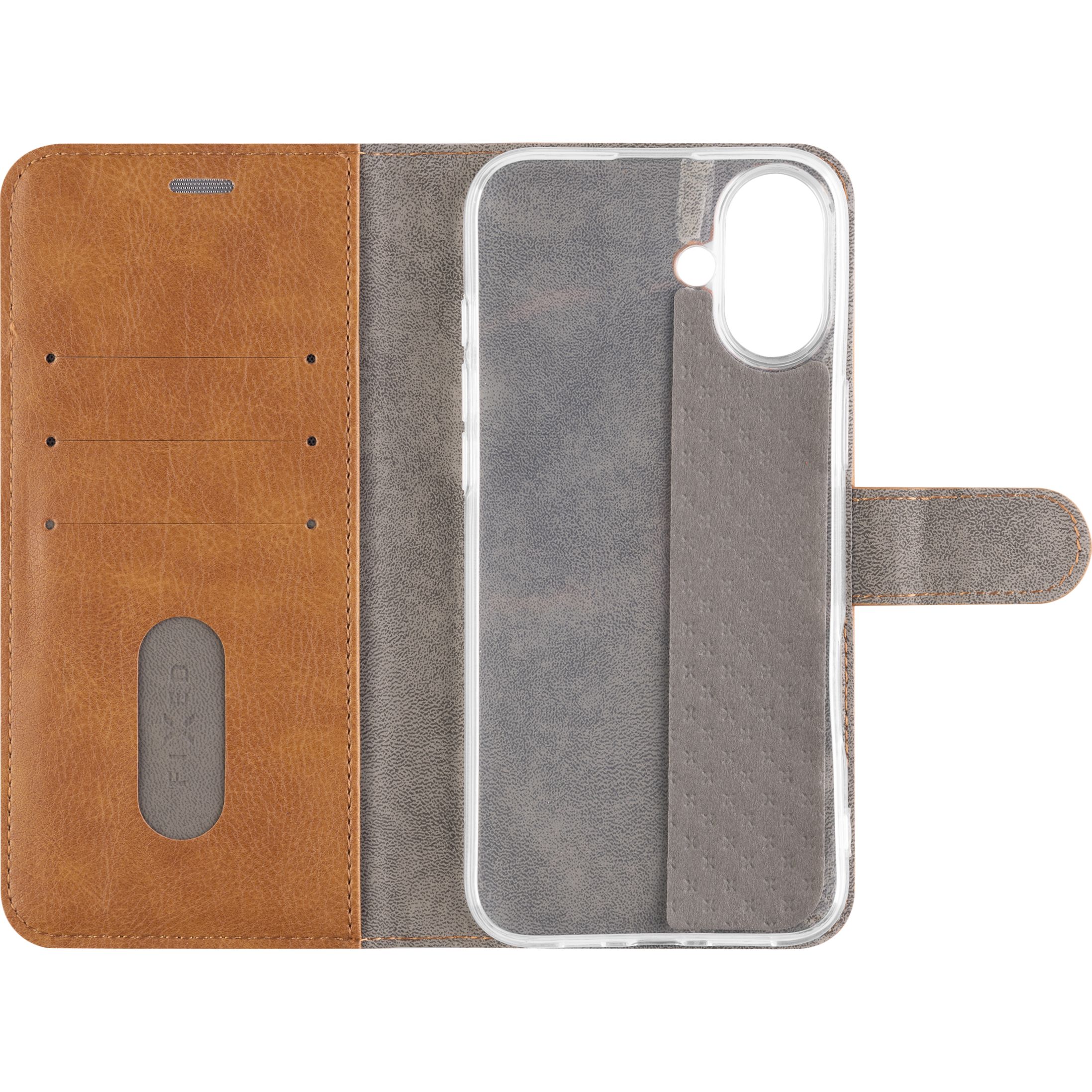 Etui z klapką, zamykane Fixed Opus do Apple iPhone 16 Plus, brązowe. Wykonane ze skóry ekologicznej.