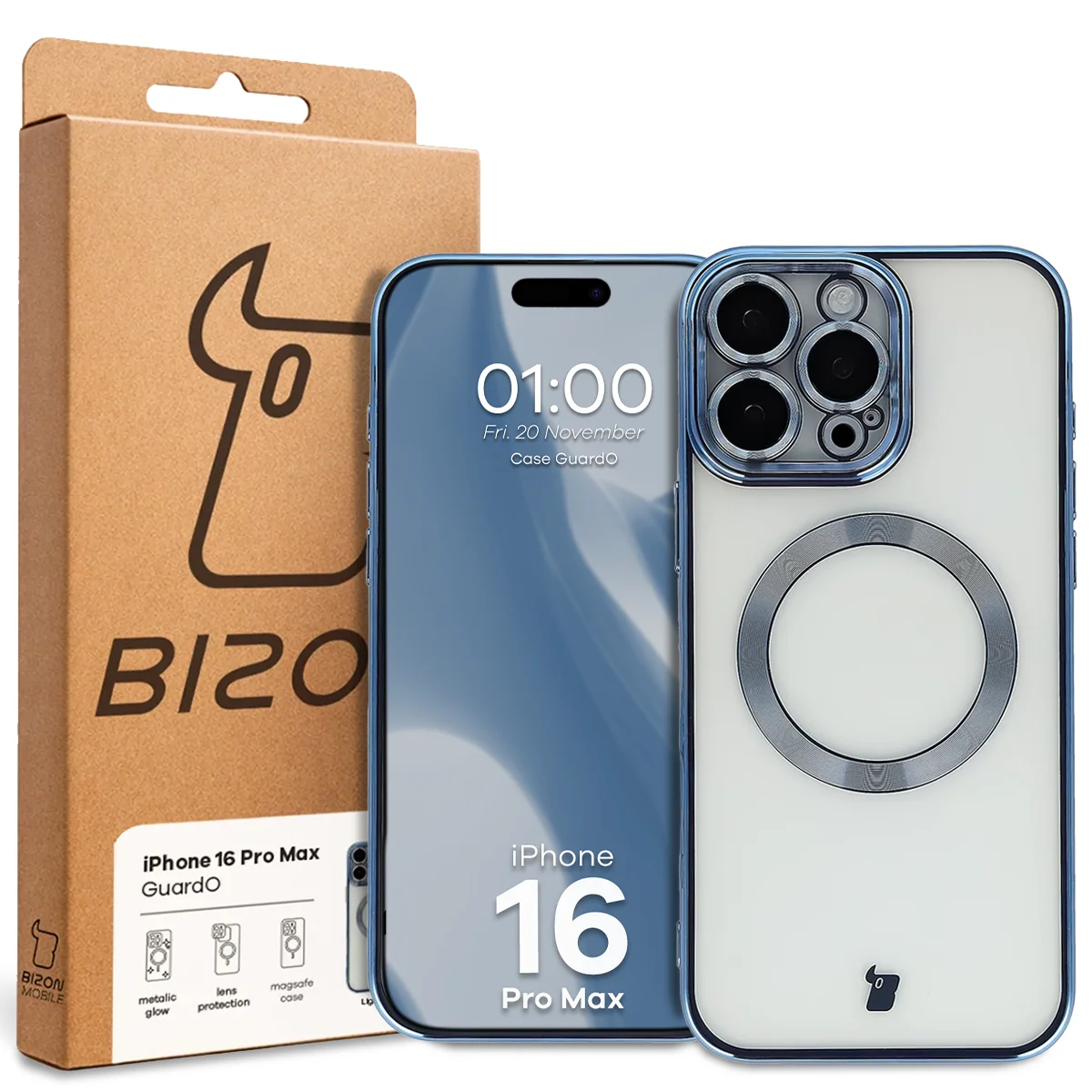 Przód pudełka Bizon Case z dedykowaną etykietą do Apple iPhone 16 Pro Max
