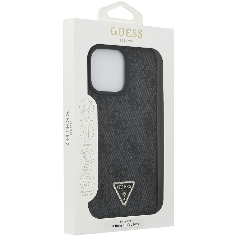 Oryginalne i ekskluzywne etui Leather 4G Triangle Strass od marki Guess do Apple iPhone 16 Pro Max, czarne
