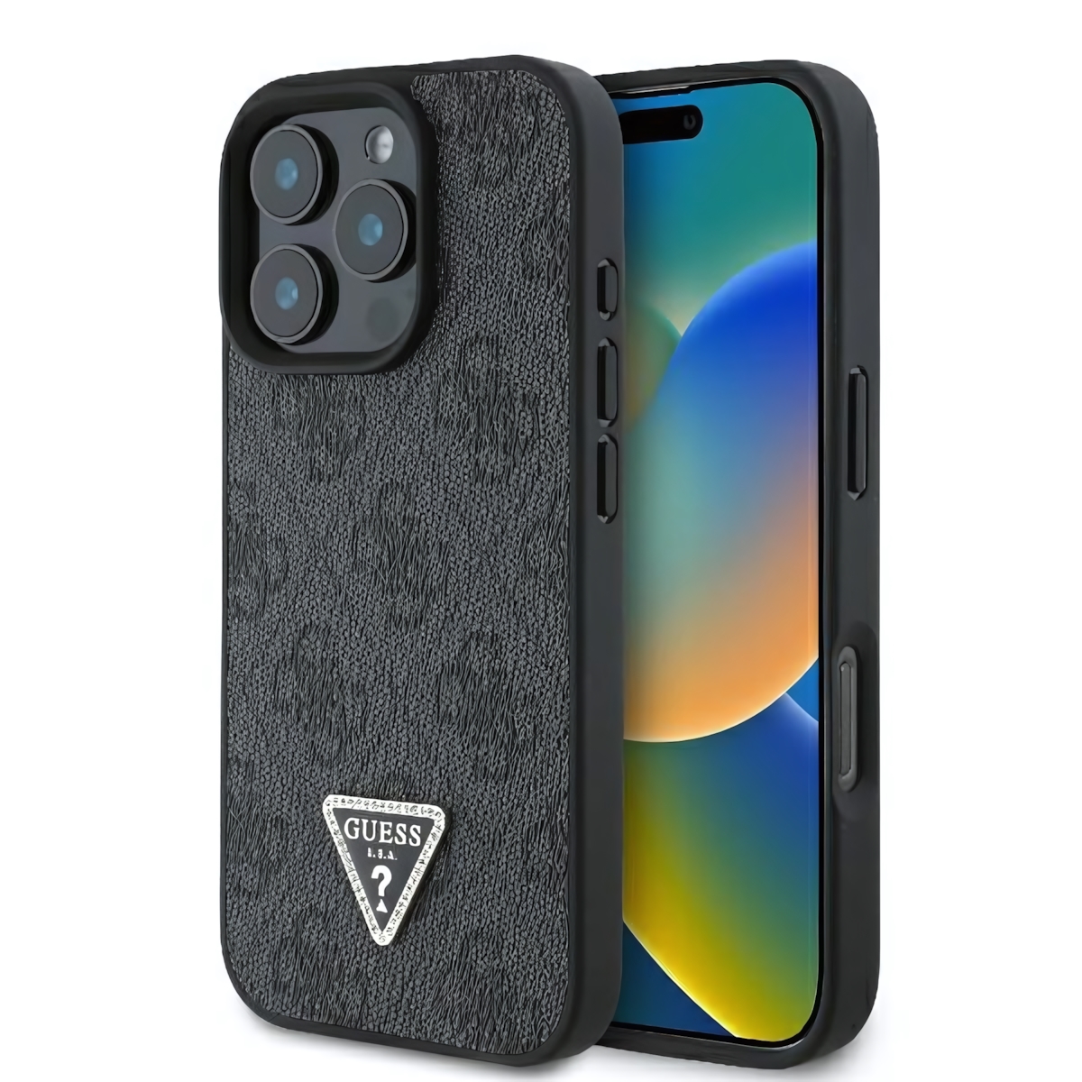 Oryginalne i ekskluzywne etui Leather 4G Triangle Strass od marki Guess do Apple iPhone 16 Pro Max, czarne