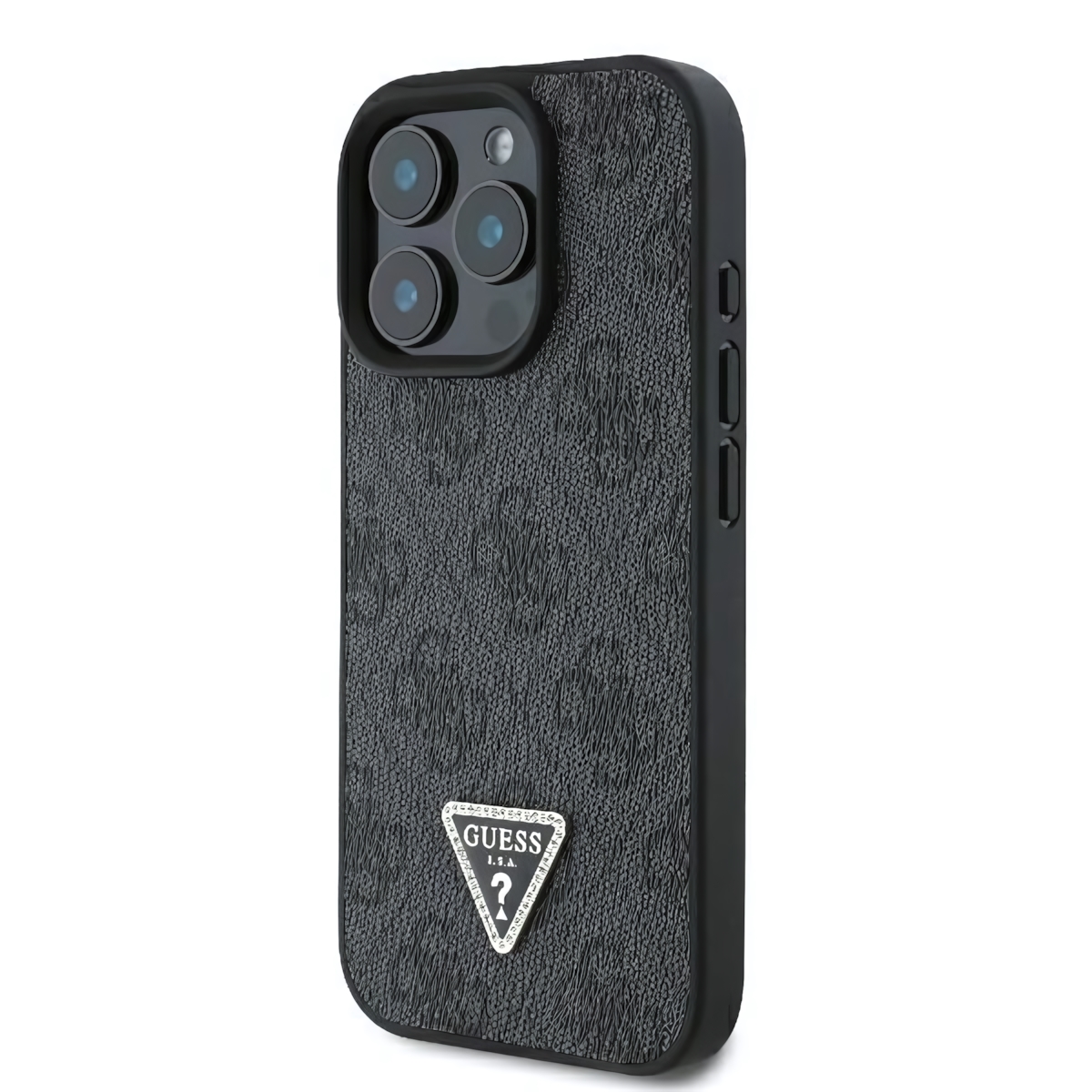 Oryginalne i ekskluzywne etui Leather 4G Triangle Strass od marki Guess do Apple iPhone 16 Pro Max, czarne