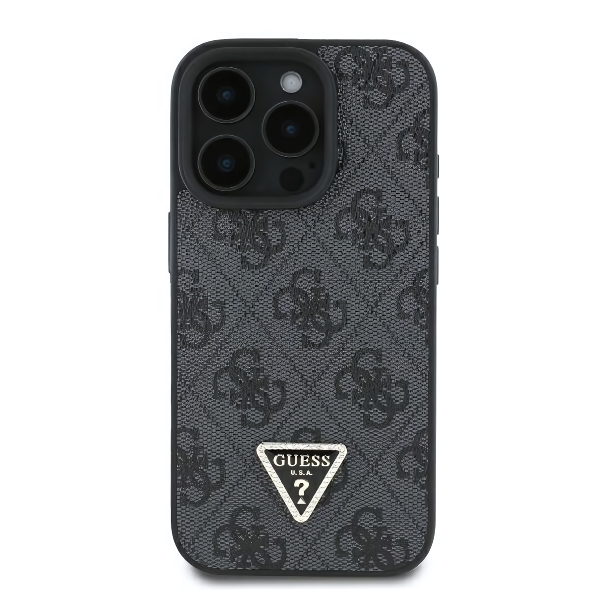 Oryginalne i ekskluzywne etui Leather 4G Triangle Strass od marki Guess do Apple iPhone 16 Pro Max, czarne
