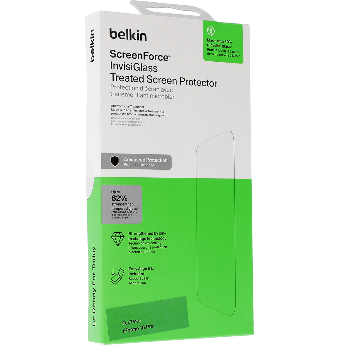 Oryginalne szkło hartowane firmy Belkin z serii ScreenForce InvisiGlass AntiMicrobial Treated dla iPhone 16 Pro