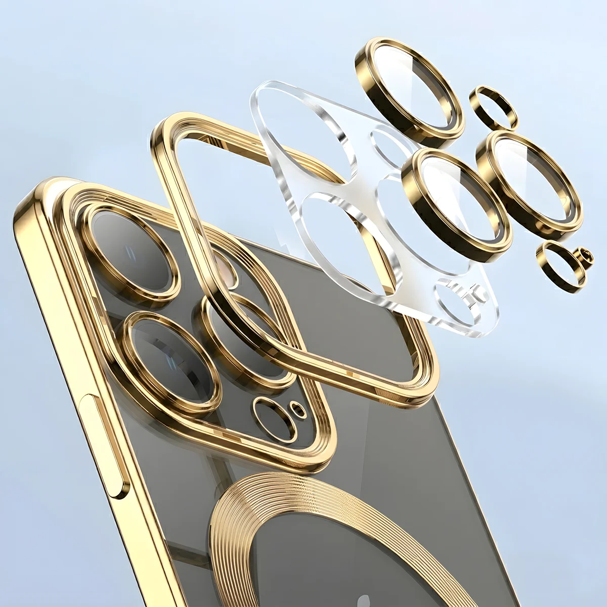 Zbliżenie na wbudowaną ochronę aparatu w Bizon Case GuardO do Apple iPhone 16 Pro