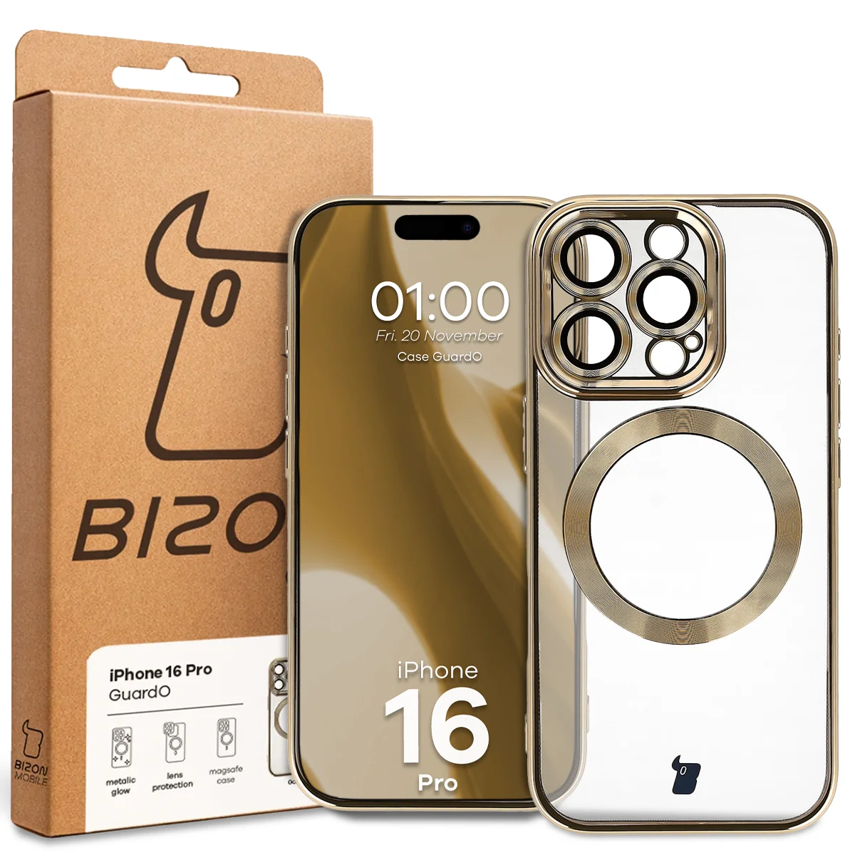 Przód pudełka Bizon Case z dedykowaną etykietą do Apple iPhone 16 Pro