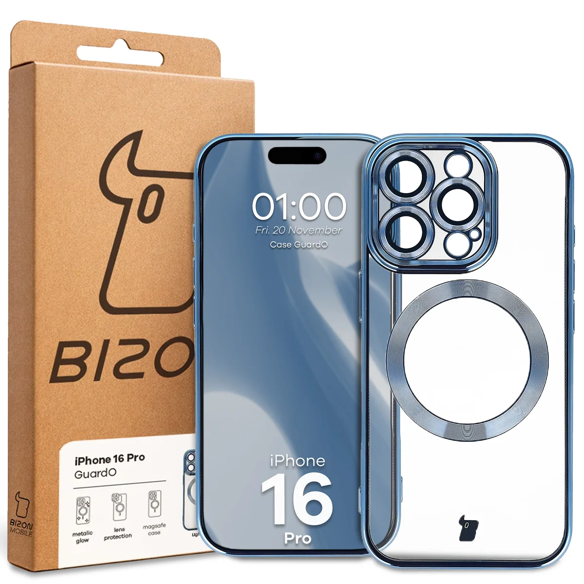Przód pudełka Bizon Case z dedykowaną etykietą do Apple iPhone 16 Pro