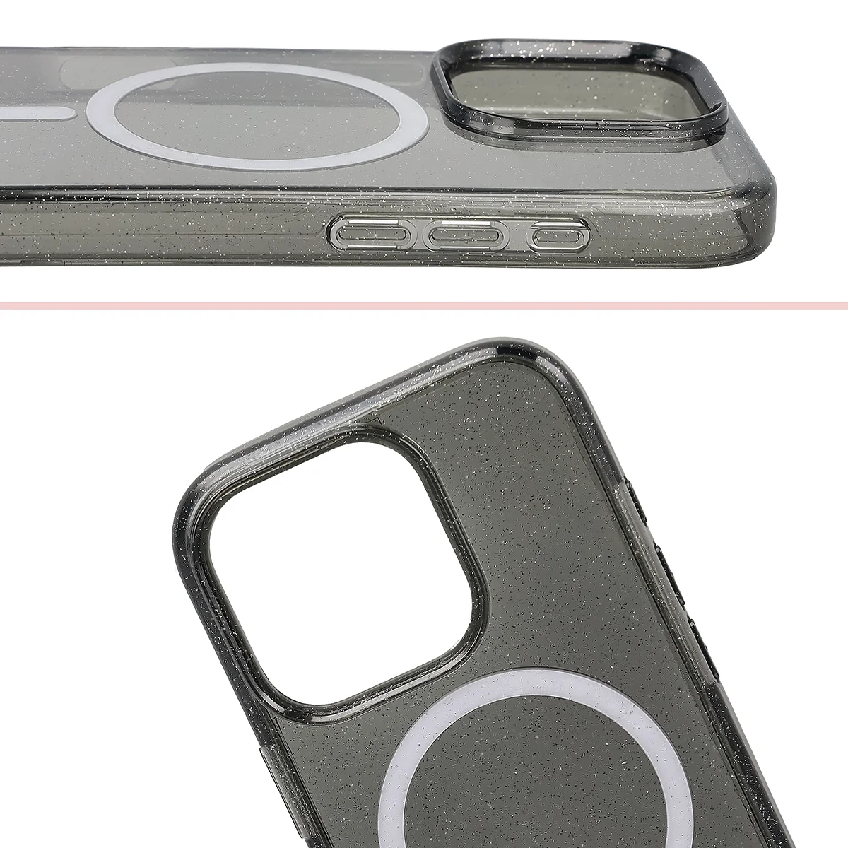 Podwyższone krawędzie aparatu i duże wycięcie w etui Bizon Case SparklO do Apple iPhone 16 Pro