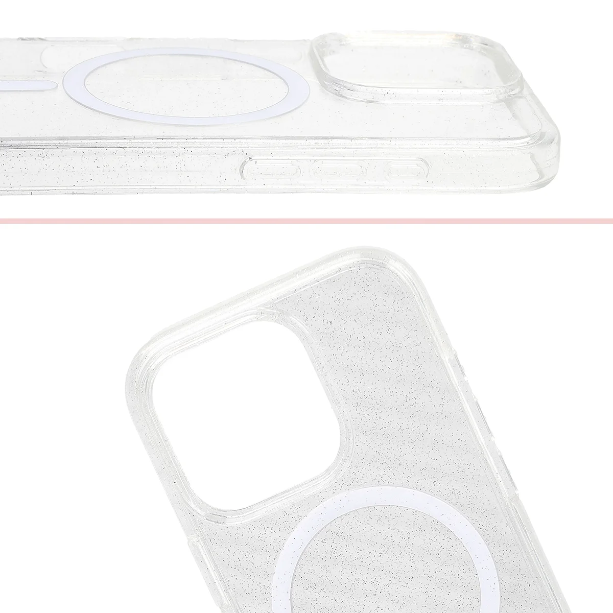 Podwyższone krawędzie aparatu i duże wycięcie w etui Bizon Case SparklO do Apple iPhone 16 Pro