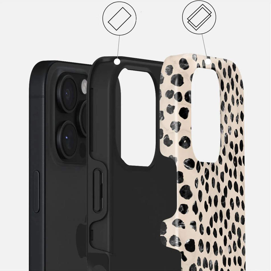Ekskluzywne etui Burga Almond Latte Tough Magnetic do Apple iPhone 16 Pro, beżowe z czarnymi kropkami
