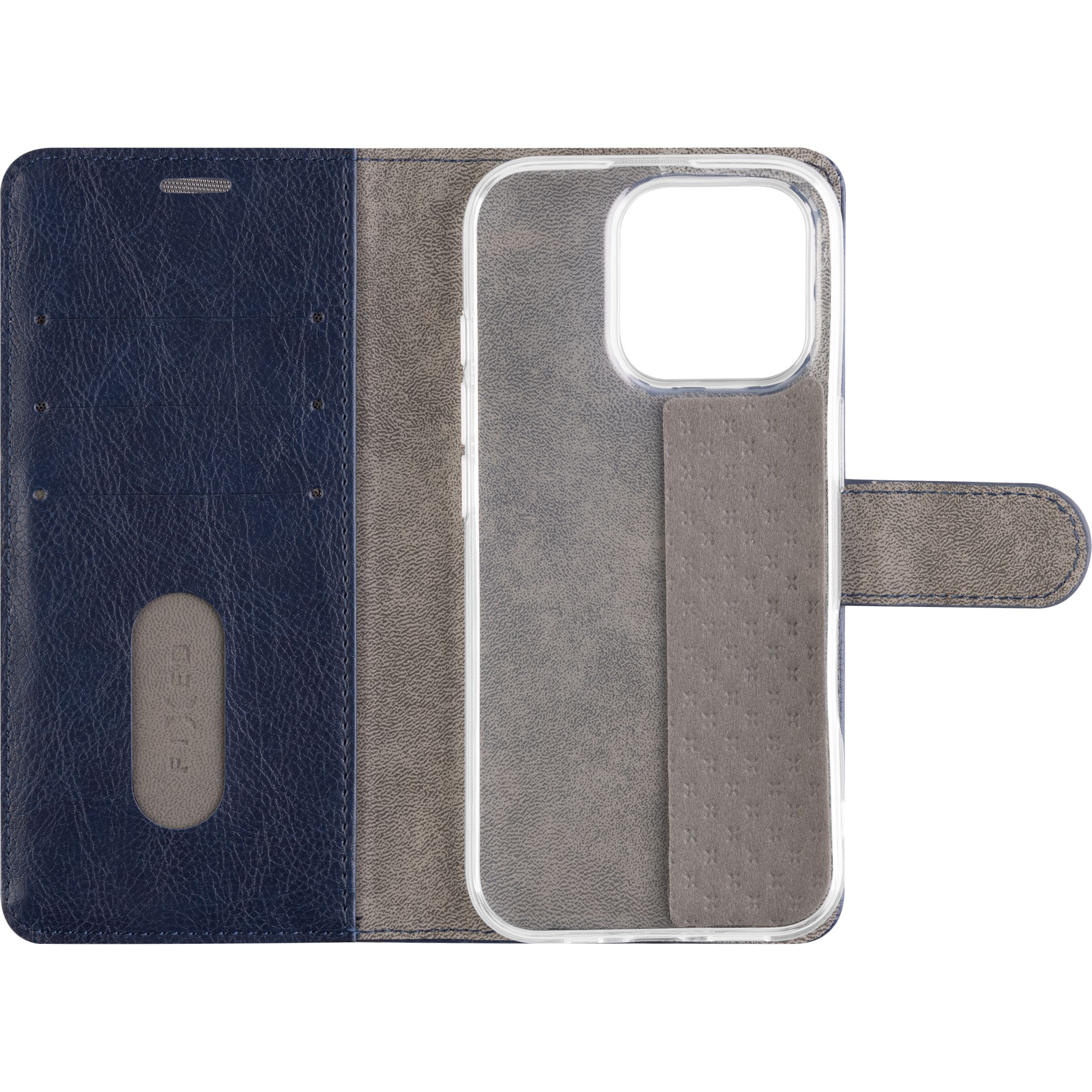 Etui z klapką, zamykane Fixed Opus do Apple iPhone 16 Pro, granatowe. Wykonane ze skóry ekologicznej.
