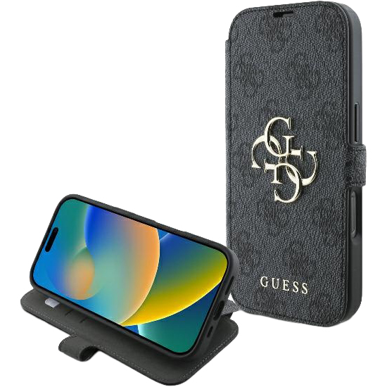 4G Metal Logo, Guess, Etui z podstawką do Apple iPhone 16 Pro, mikrofibra chroniąca ekran, kieszenie na karty, funkcjonalna klapka, czarna ze złotymi elementami