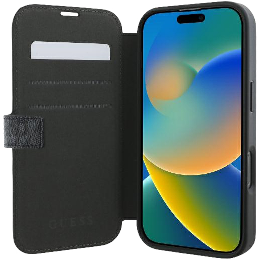 4G Metal Logo, Guess, Ekoskóra, detale wykończenia, modny styl, praktyczny design do Apple iPhone 16 Pro, czarna ze złotymi elementami